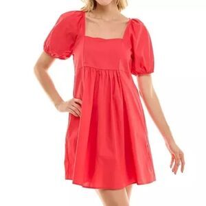 Draper James Puff Sleeve Square Neck Dress Hibiscus Red Cute Flirty Size Large